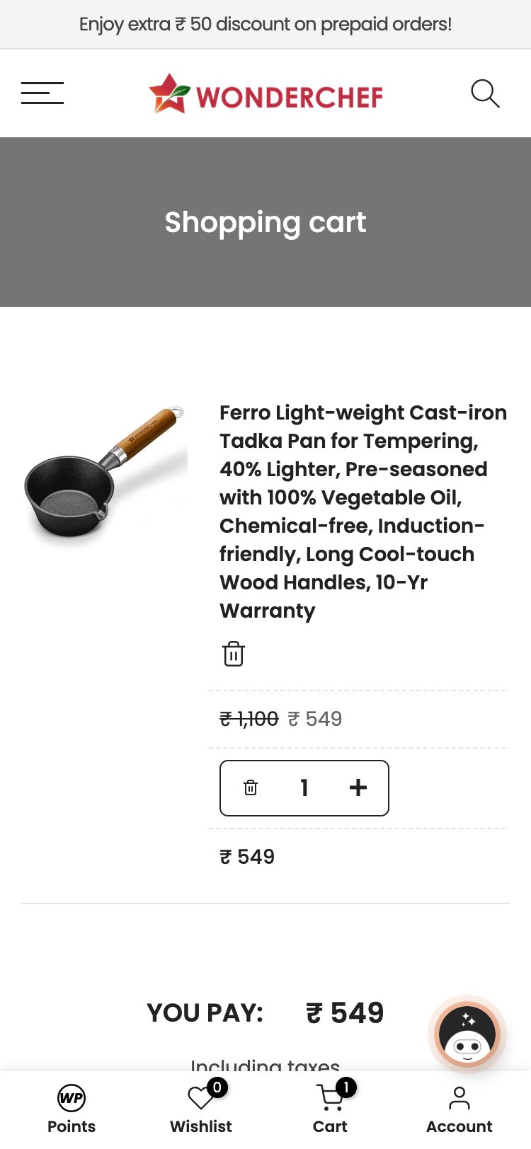 Wonderchef — Cart page with item in cart showing payment options