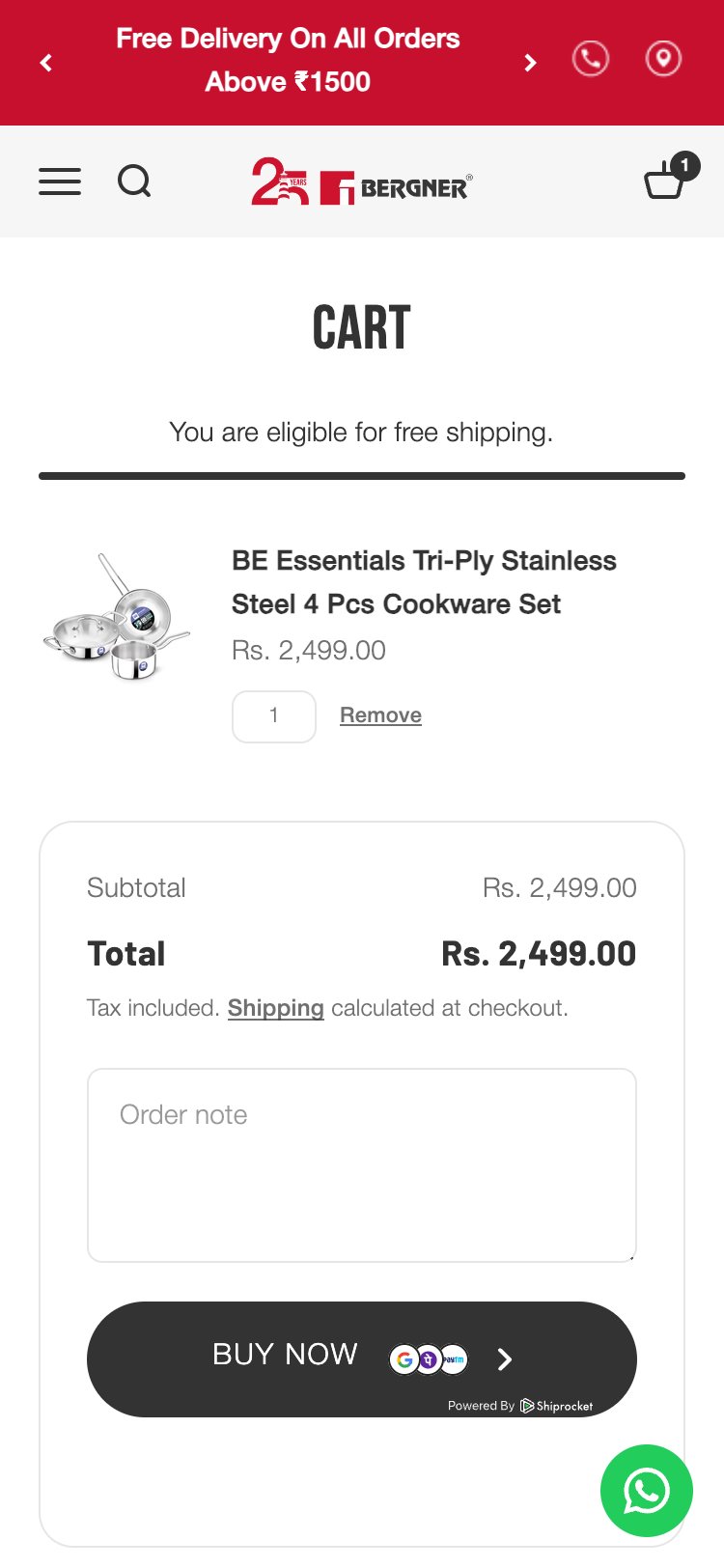 Bergner Home — Cart page, no coupon field