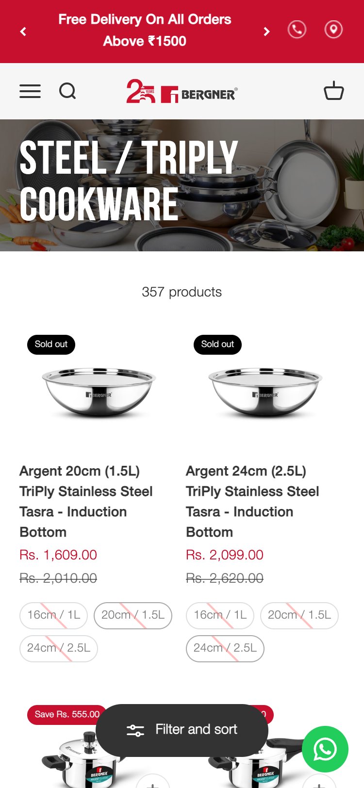 Bergner Home — Collection page, 'Save Rs.' badges