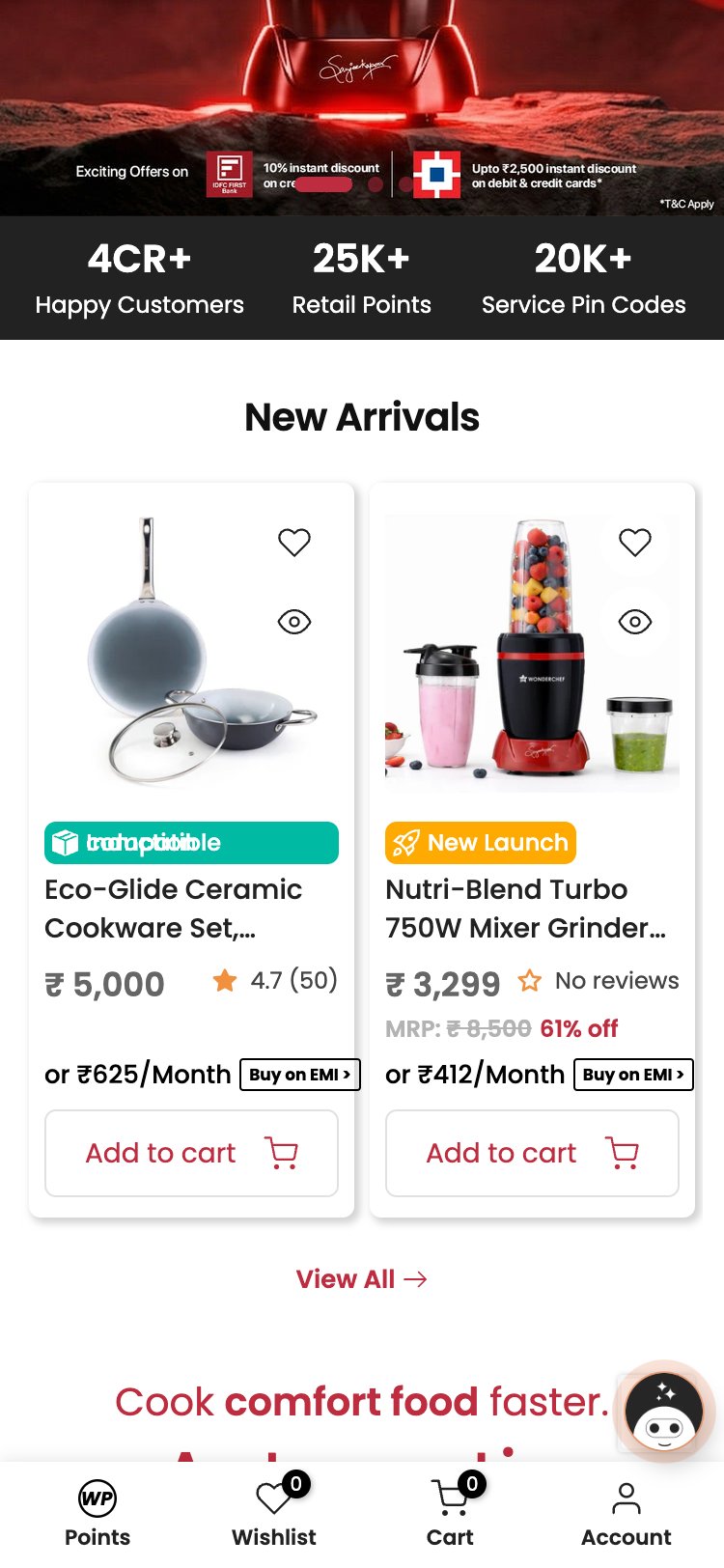 Wonderchef — Homepage product cards showing star ratings (4.7/5) and EMI options