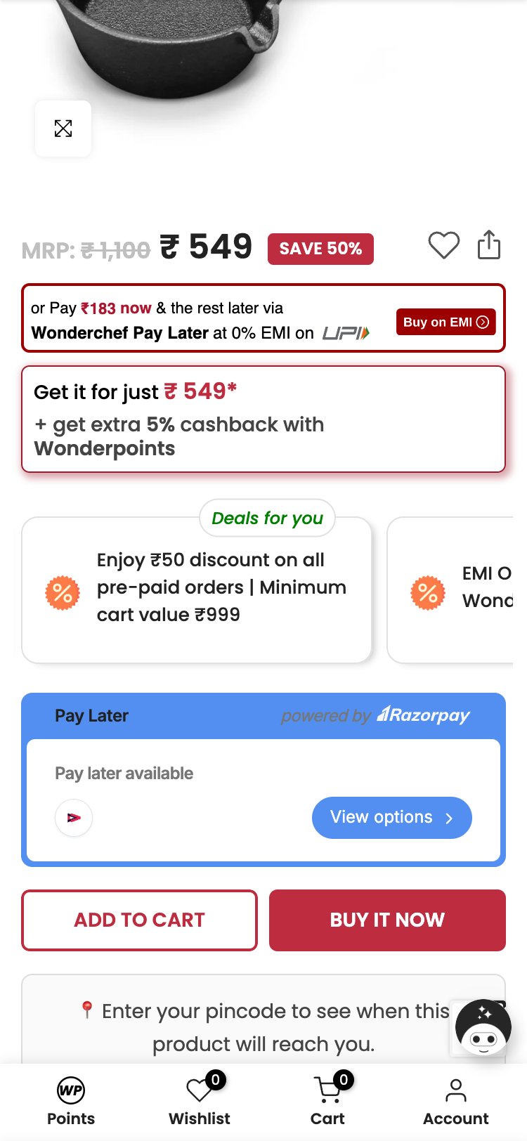 Wonderchef — PDP showing pincode delivery estimator and EMI options