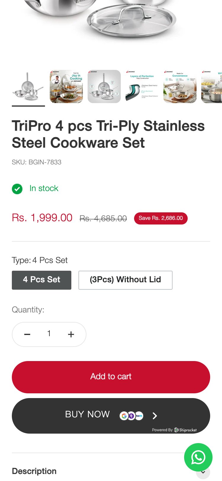 Bergner Home — PDP below price area, no pincode checker